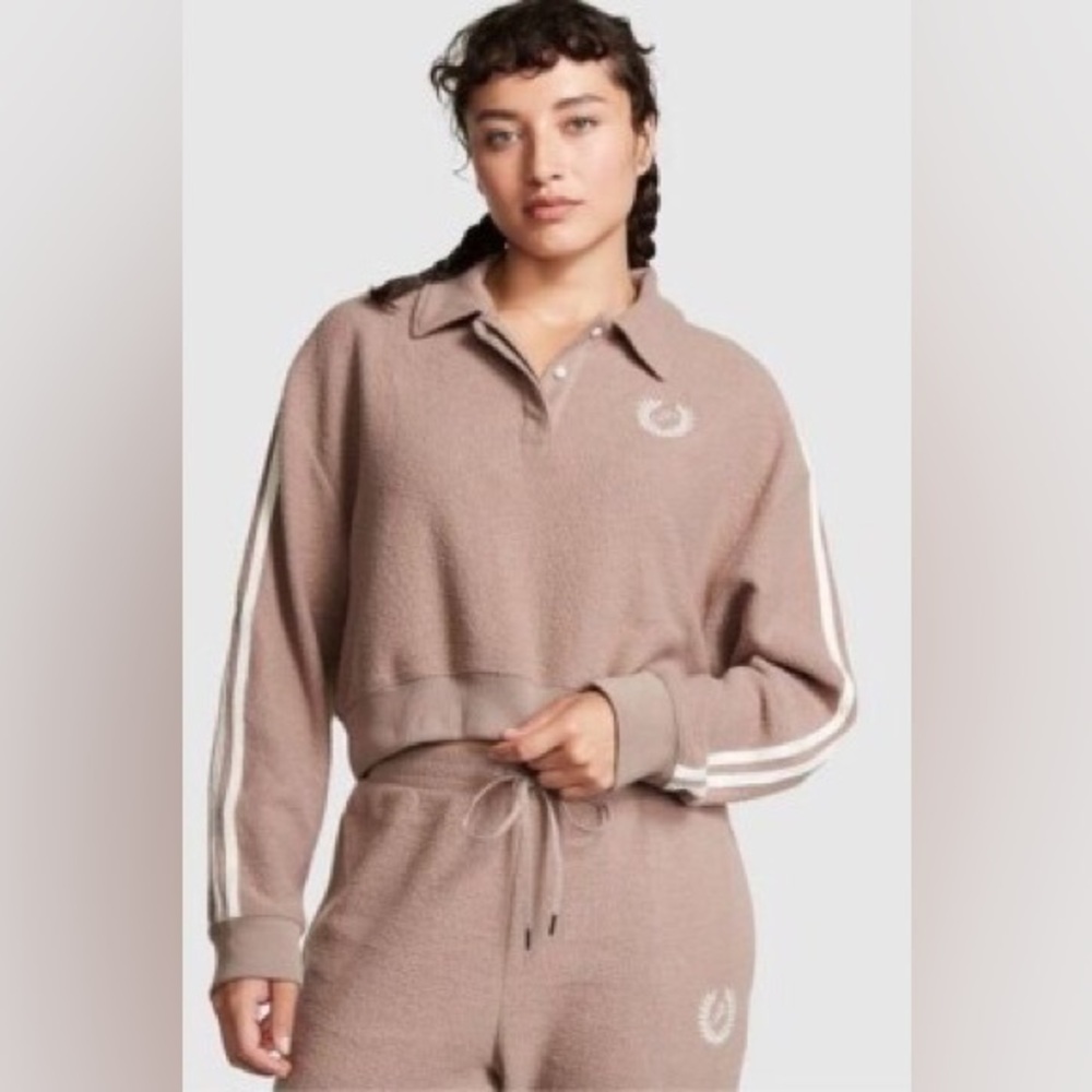 VICTORIA'S SECRET PINK Reverse Fleece Cropped Polo Sweatshirt Women’s Large